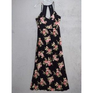 Women's Halter Maxi Dress Black Pink Rose Floral Print Size M Spaghetti Strap